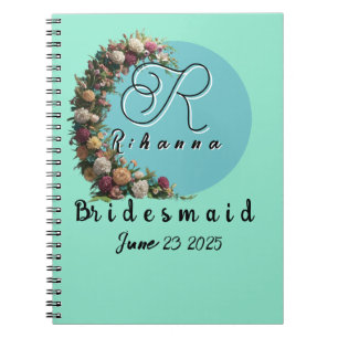 Teal Floral Monogram Tote Bag Bridal Party Notebook