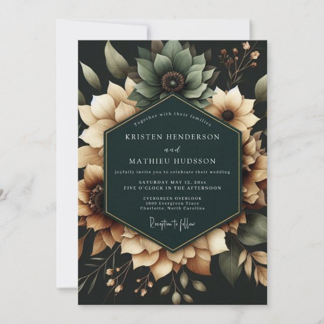 Teal Floral Moody Wedding Invitation (Front)