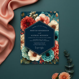 Teal Floral Opulent Autumn Wedding Invitation