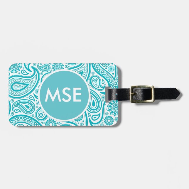 Teal Floral Paisley Monogram Pattern Luggage Tag (Front Horizontal)