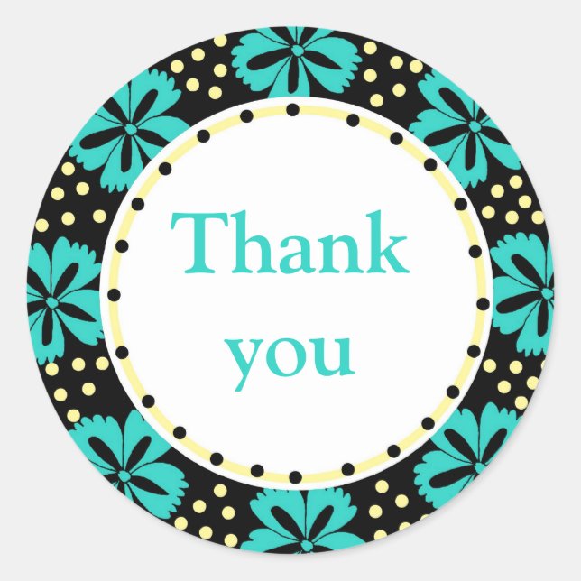 Teal Floral Polka Dots:Thank You Classic Round Sticker (Front)