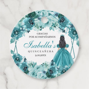 Teal Floral Quinceanera Circle Favour Tags