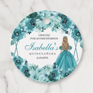 Teal Floral Quinceanera Circle Favour Tags