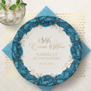Teal Floral Quinceanera Paper Plates