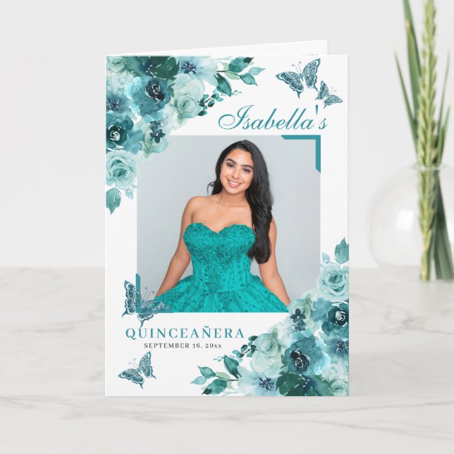 Teal Floral Quinceanera Tiara Butterflies Programme (Front)