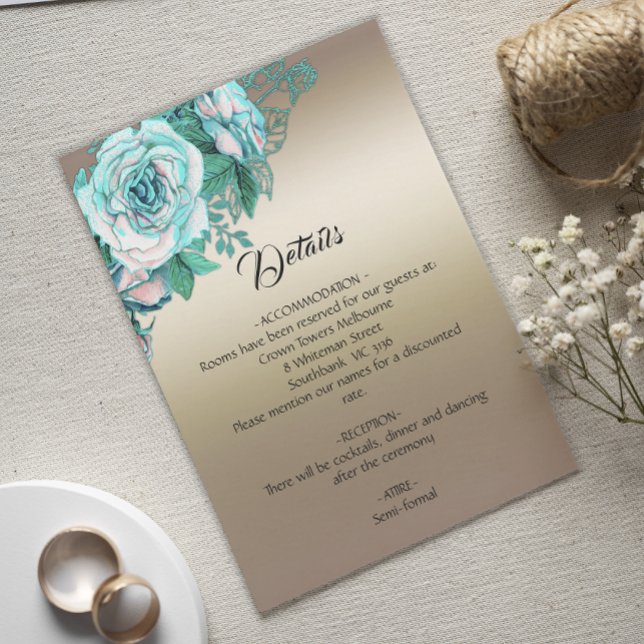 Teal Floral Romance Gold Wedding Details Enclosure Card (Creator Uploaded)