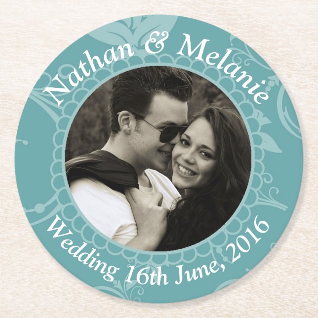 Teal Floral Round Paper Coaster (Front)