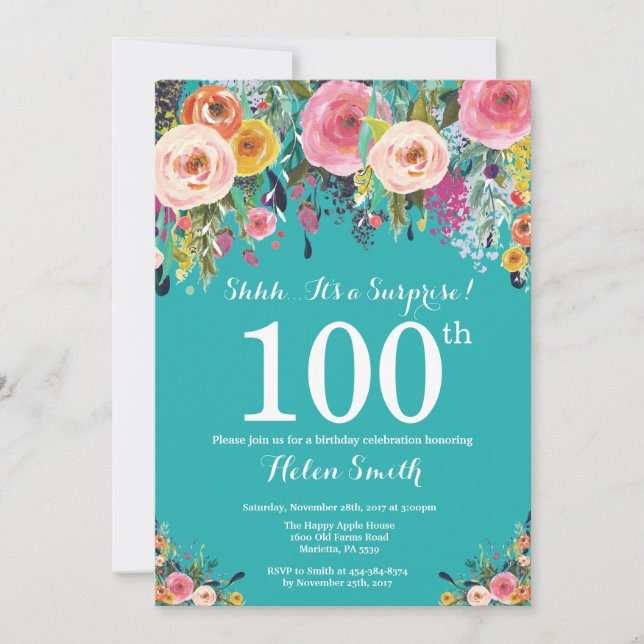 Teal Floral Surprise 100th Birthday Invitation (Front)