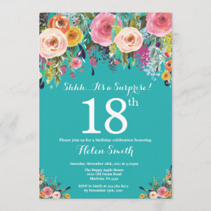 Teal Floral Surprise 18th Birthday Invitation