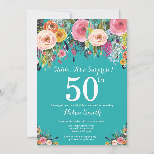 Teal Floral Surprise 50th Birthday Invitation (Front)