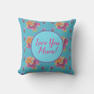 Teal Floral Watercolour Love You Mom Cushion
