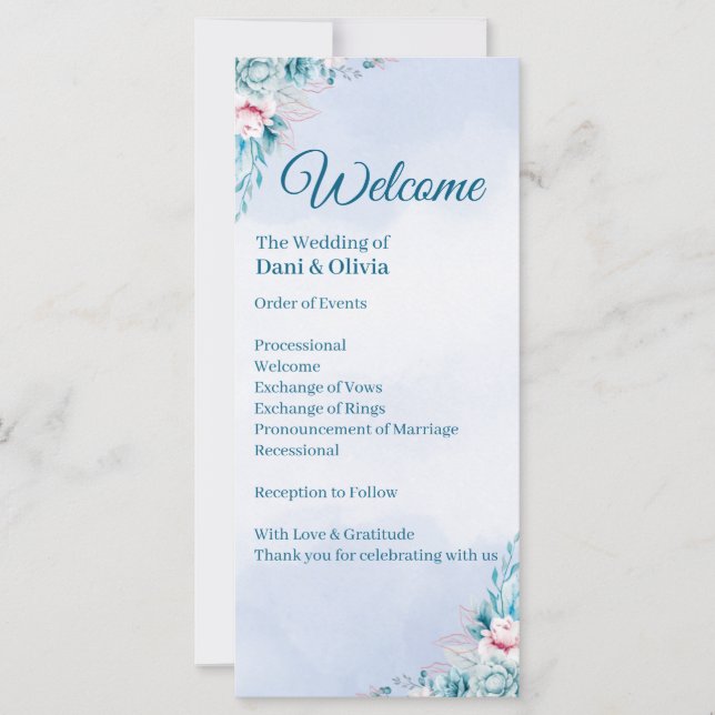 Teal Floral Wedding Ceremony Program (Front)