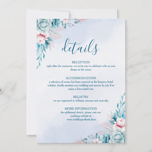 Teal Floral Wedding Details Information Card (Front)