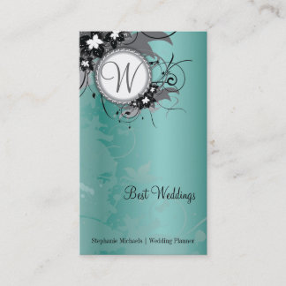 Teal Floral Wedding Elegant Business Card Monogram