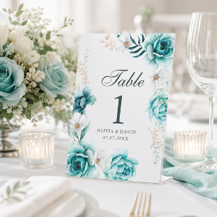 Teal Floral Wedding Table Number Pedestal Sign