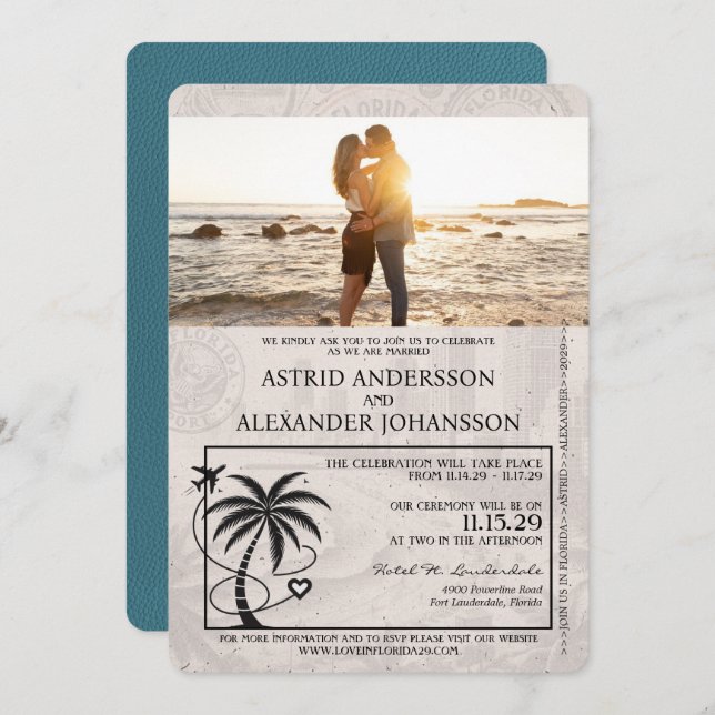 Teal Florida Passport Wedding Invitation (Front/Back)
