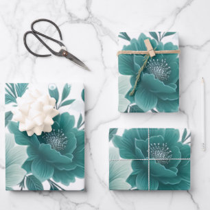 💐Teal Flower Delight Wrapping Paper Sheet