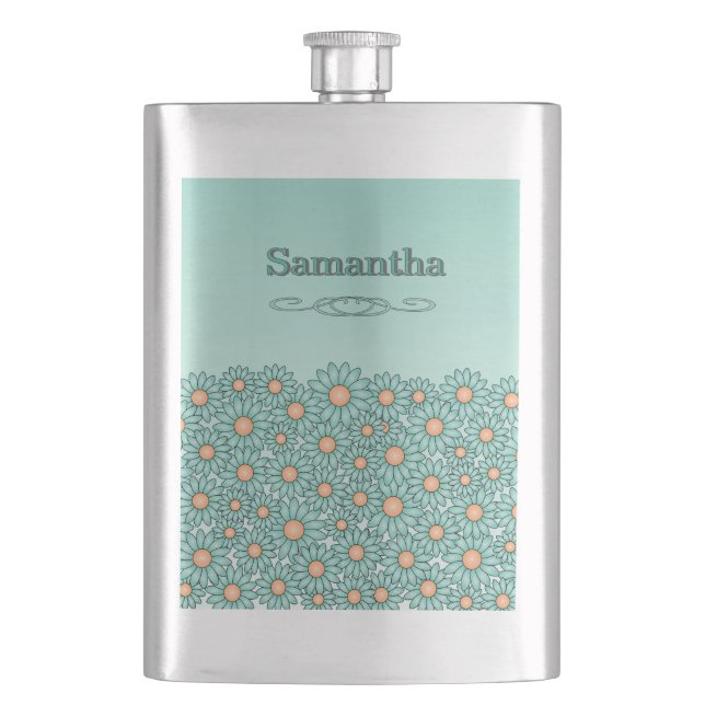 Teal Flower Stainless Steel Flask (Front)
