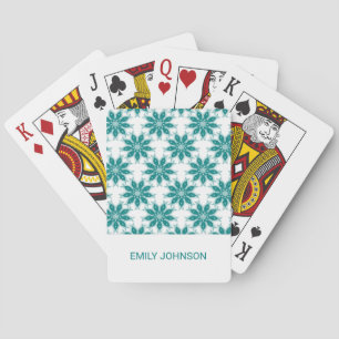 Teal flowers custom name white playing cards