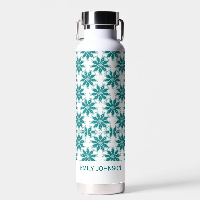 Teal flowers custom name white water bottle (Front)