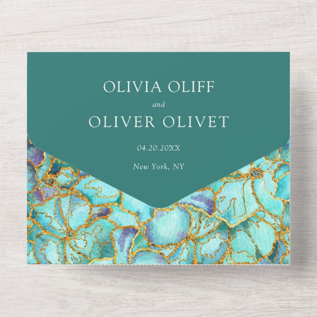 Teal Flowers Photo Wedding All In One Invitation (Back)