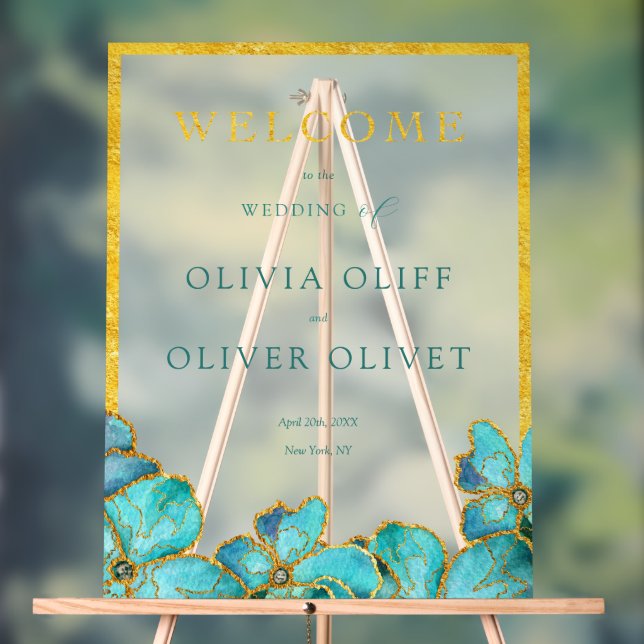 Teal Flowers Wedding Welcome Acrylic Sign (Neutral)