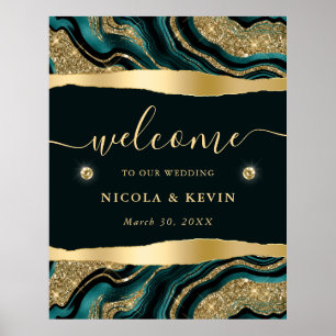 Teal Foil and Gold Glitter Agate Wedding Welcome Poster