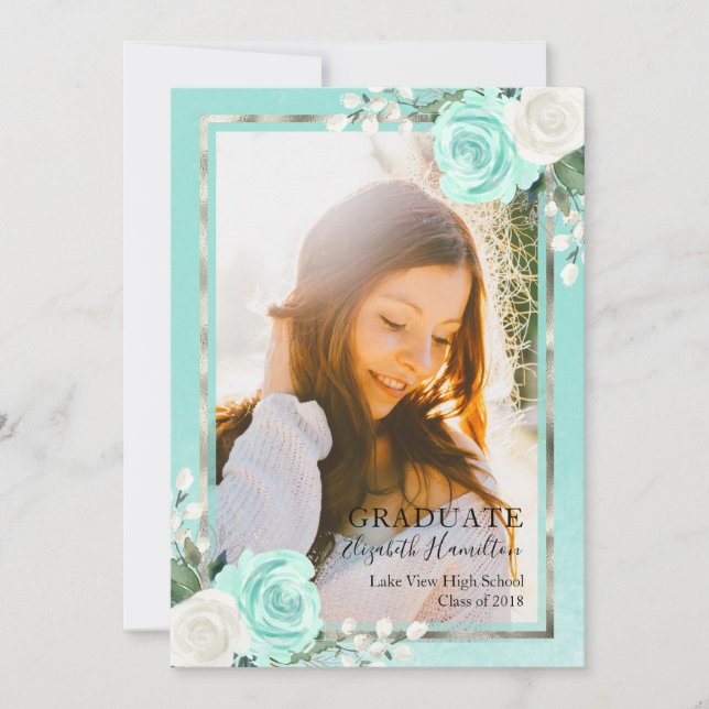 Teal & Foil Silver Floral Grad  Announcement Photo (Front)