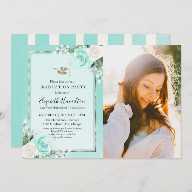 Teal & Foil Silver Floral Graduation Party Photo Invitation (Front/Back)
