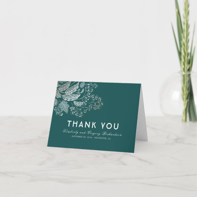 Teal Foliage Elegant Wedding Thank You Card (Front)