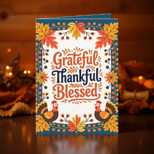 Teal Folk Art Turkey Thanksgiving Gratitude Card