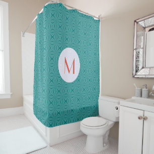 Teal Fractal Red Monogram White Circle Shower Curtain