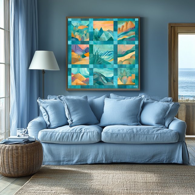 Teal Framed Abstract Desert Art Grid – Geometric  Poster (Creator Uploaded)