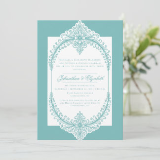 Teal French Flourish Frame Wedding Invitation