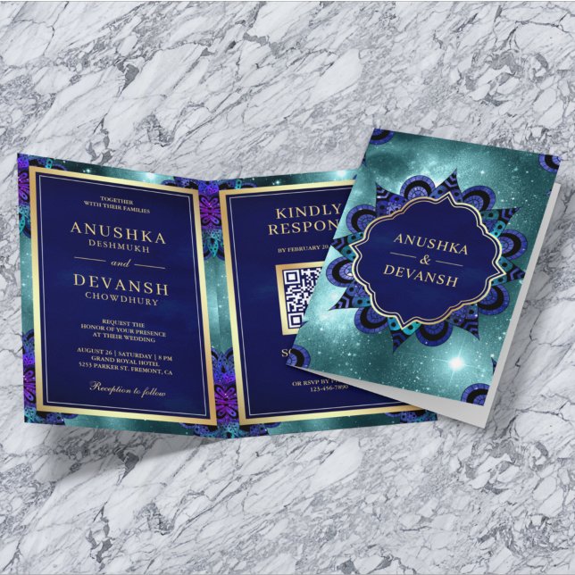 Teal Galaxy Blue Mandala QR Code Indian Wedding Invitation (Creator Uploaded)