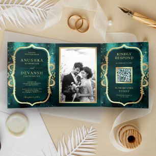 Teal Galaxy Gold Mandala QR Code Indian Wedding Tri-Fold Invitation