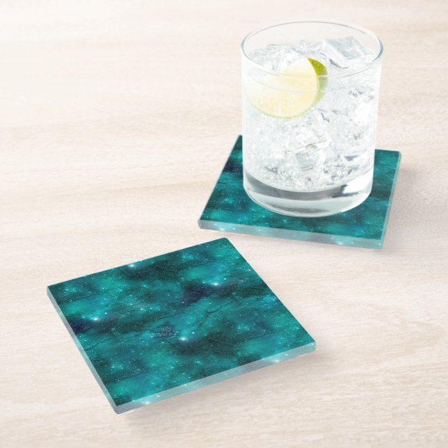 Teal Galaxy Series Design 8 Glass Coaster (Angled)