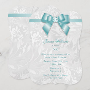 Teal Gem Bow, Ribbon & Damask Birthday Party Invitation