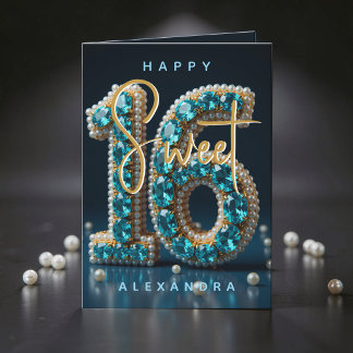Teal Gemstone and Pearl Glam Sweet 16 Birthday Card