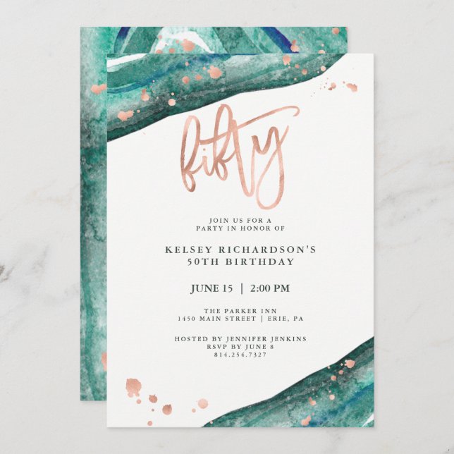 Teal Geode and Faux Rose Gold Look | 50th Birthday Invitation (Front/Back)