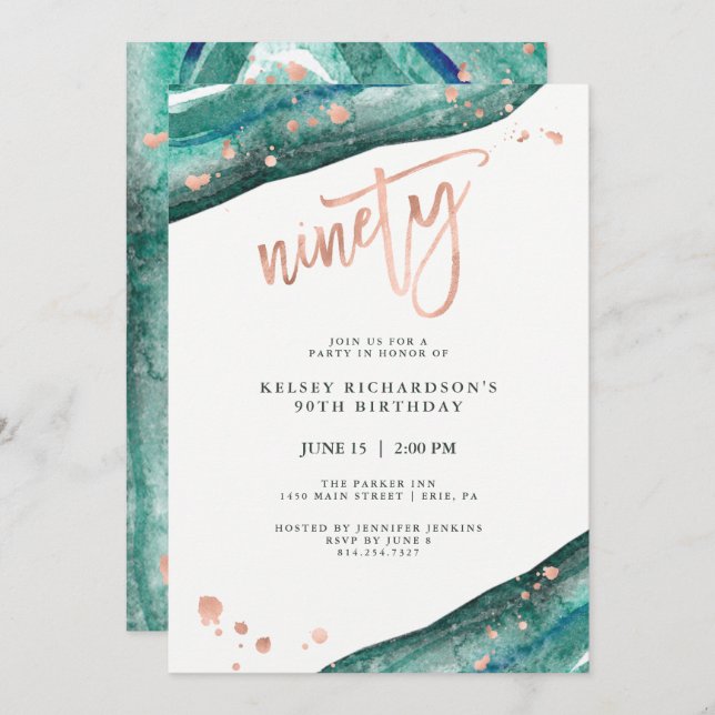 Teal Geode and Faux Rose Gold Look | 90th Birthday Invitation (Front/Back)