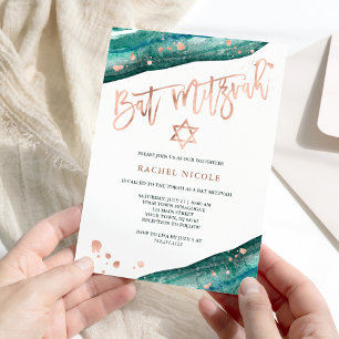 Teal Geode and Faux Rose Gold Look Bat Mitzvah Invitation