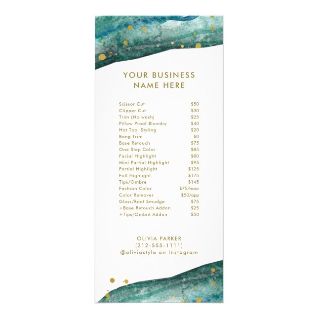 Teal Geode and Gold Salon Price List Service Menu (Front)