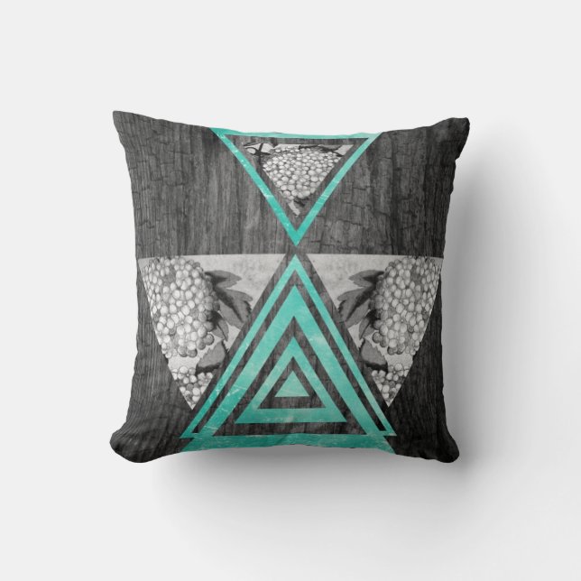 Teal geometric floral wood cushion (Front)