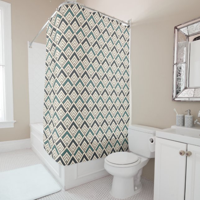 Teal Geometric Pattern Shower Curtain (In Situ)