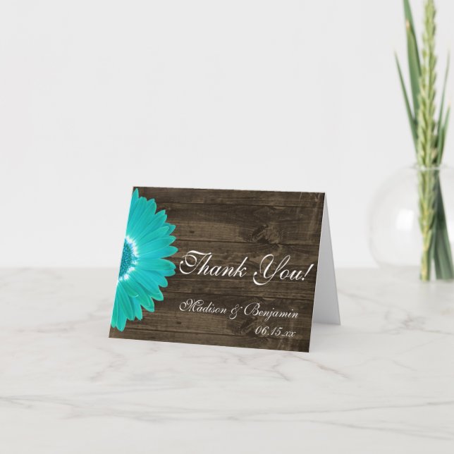 Teal Gerber Daisy Rustic Wedding Thank You Cards (Front)