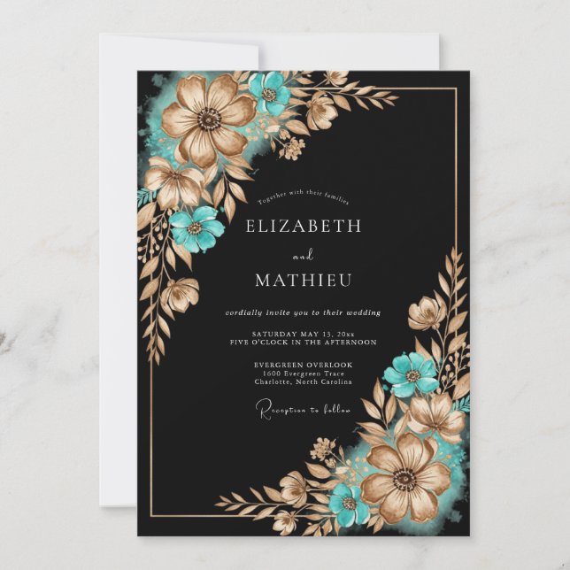 Teal Gilded Floral Romance Wedding Invitation (Front)