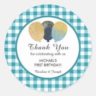 Teal Gingham 1st Birthday Glitter Balloons Favor Classic Round Sticker