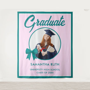 Teal Gingham Bow Photo Graduation Backdrop Tapestry