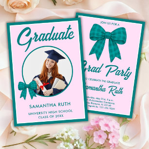 Teal Gingham Bow Photo Graduation Party Invitation
